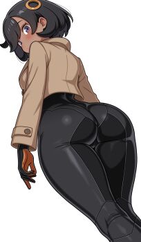 1girl absurdres ass black_hair bodysuit breasts dark_skin emma_(pokemon) gloves highres looking_at_viewer looking_back medium_breasts nintendo pokemon shiguren_39 short_hair simple_background solo white_background