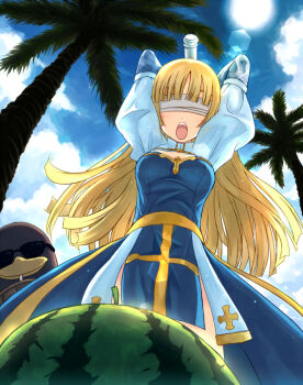 1girl arch_bishop_(ragnarok_online) blindfold blonde_hair blue_dress blue_sky blunt_bangs breasts cleavage_cutout clothing_cutout cloud commentary_request cowboy_shot cross dated_commentary dress food from_below fruit galapago_(ragnarok_online) galapagos_penguin juliet_sleeves lens_flare long_hair long_sleeves medium_breasts open_mouth palm_tree pelvic_curtain puffy_sleeves ragnarok_online sash sky solo suikawari sun sunglasses tree two-tone_dress watermelon white_dress yakka yellow_sash