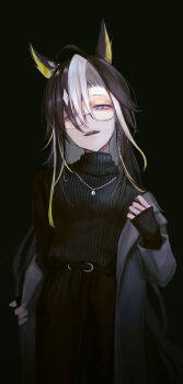 1girl ahoge alternate_costume animal_ears asymmetrical_bangs belt black_background black_pants black_sweater brown_hair casual coat cowboy_shot dream_journey_(umamusume) eyewear_strap glasses grey_coat half-closed_eyes highres horse_ears jewelry long_sleeves looking_at_viewer multicolored_hair necklace open_mouth pants seikatsu simple_background sleeves_past_wrists smile solo standing streaked_hair sweater sweater_tucked_in umamusume undressing