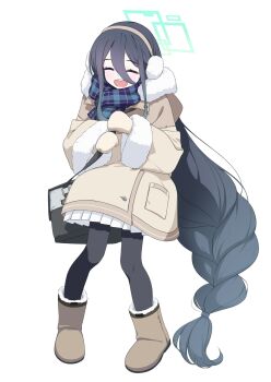1girl aris_(blue_archive) aris_(winter)_(blue_archive) bag black_bag black_hair black_pantyhose blue_archive blue_halo blue_scarf boots braid brown_boots brown_coat brown_hairband brown_mittens buttons closed_eyes coat commentary cu_cu_cu double-parted_bangs earmuffs full_body fur-trimmed_boots fur-trimmed_coat fur_trim hairband halo highres holding_strap long_hair mittens open_mouth pantyhose plaid_clothes plaid_scarf pleated_skirt pocket scarf shoulder_bag sidelocks simple_background single_braid skirt smile solo standing teeth upper_teeth_only very_long_hair white_background white_skirt