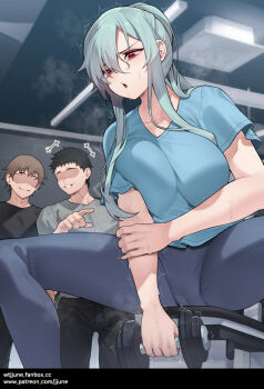 1girl 2boys :o aqua_hair black_hair blush breasts brown_hair cameltoe collarbone exercising heavy_breathing jjune large_breasts looking_down multiple_boys original pointing red_eyes short_hair sidelocks sitting spread_legs steam sweat trembling wide_spread_legs