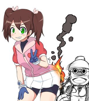 1girl bike_shorts breasts brown_hair burning fire gloves green_eyes grin hand_on_leg hand_on_own_leg hand_on_own_thigh hand_on_thigh highres jacket leaning_forward legs looking_at_viewer monkey saru_getchu sayaka_(saru_getchu) skirt small_breasts smile thighs twintails v