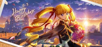 1girl birthday blonde_hair blue_eyes blunt_bangs bouquet bridge building cloud code_geass code_geass:_lost_stories dusk earrings flower from_side happy_birthday highres jewelry long_hair long_sleeves looking_at_viewer looking_back monica_kruszewski non-web_source official_art red_ribbon ribbon river sky smile solo sunlight twintails