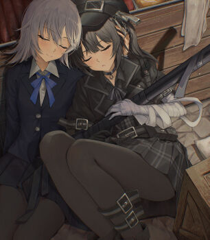 2girls absurdres belt black_belt black_hair black_hat black_jacket black_pantyhose black_ribbon black_skirt blue_ribbon box chinese_commentary closed_mouth collared_shirt commentary_request crate feet_out_of_frame goggles goggles_on_headwear gun hand_on_another&#039;s_head hat highres holding holding_gun holding_weapon indoors jacket kurobe_nanoka kurobe_nanoka&#039;s_sister long_hair long_sleeves mahou_shoujo_no_majo_saiban multiple_girls neck_ribbon pantyhose pleated_skirt ribbon rifle school_uniform shirt siblings sisters skirt sleeping smile spoilers stone_floor twintails weapon white_shirt yuye