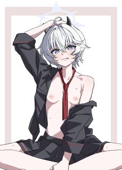 1girl :q ahoge black_horns black_shirt black_skirt blue_archive blue_eyes blue_halo breasts closed_mouth erika_(blue_archive) hair_between_eyes halo hand_on_own_head highres horns looking_at_viewer necktie nipples open_clothes open_shirt red_necktie shirt short_hair single_off_shoulder sitting skirt small_breasts solo tamaya tongue tongue_out white_hair