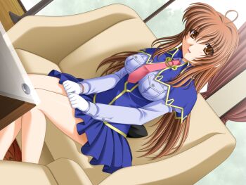 1girl 2000s_(style) ahoge blush brown_eyes brown_hair chair couch curtains dutch_angle game_asset gloves long_hair looking_at_viewer mahou_senshi_(series) mahou_senshi_symphonic_knights necktie non-web_source official_art open_mouth pink_necktie saitou_natsuki self-datamine sitting skirt smile solo table variant_set visual_novel_cg white_gloves yurise_ririna