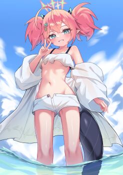 1girl absurdres ahoge alternate_costume bare_shoulders bikini bikini_shorts black_tail blue_archive blue_sky cloud collarbone commentary crossed_bangs demon_horns flat_chest from_behind green_eyes green_horns grin hair_between_eyes hair_ornament halo hand_up highres horns huge_ahoge jacket jacket_partially_removed loli long_sleeves looking_at_viewer momoka_(blue_archive) navel ocean off_shoulder open_clothes open_shirt partially_submerged pink_hair pointy_ears seori sharp_teeth shorts sky smile solo standing star_halo swimsuit tail teeth triangle_hair_ornament twintails two_side_up untranslatable_commentary v water white_bikini white_jacket white_shorts wide_sleeves