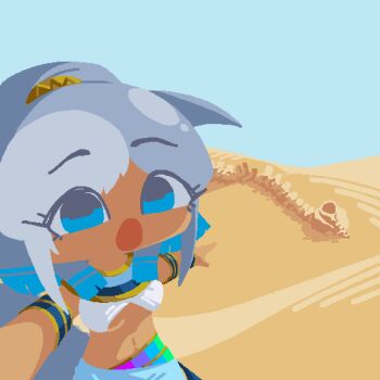 1girl blue_eyes chibi dark-skinned_female dark_skin desert dorudon_(kemono_friends) fins fossil grey_hair head_fins jupiter1390 kemono_friends parody_request usekh_collar whale_girl