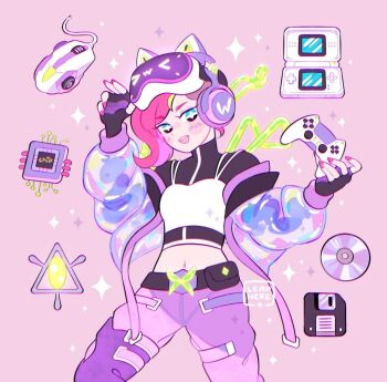 +_+ 1girl adapted_costume animal_ear_headphones animal_ears artist_name asymmetrical_hair baggy_pants black_gloves black_shirt blue_eyes blush_stickers bug butterfly casual cat_ear_headphones cat_ears cd commentary controller cowboy_shot cropped_jacket cropped_shirt english_commentary fairy fake_animal_ears fingerless_gloves game_controller gloves green_butterfly green_hair green_wings happy head-mounted_display headphones holding holding_controller holding_game_controller insect jacket layered_sleeves leaphere legs_apart long_sleeves looking_at_viewer microchip midriff multicolored_hair nail_polish navel open_clothes open_jacket open_mouth pants pink_background pink_hair pink_nails puffy_long_sleeves puffy_sleeves purple_jacket purple_pants see-through_clothes see-through_jacket shirt short_hair simple_background smile solo sparkle sparkling_eyes standing streaked_hair tank_top tecna_(winx_club) teeth turtleneck turtleneck_shirt two-tone_hair upper_teeth_only watermark white_tank_top wings winx_club