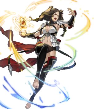 1girl animal_ears attack barefoot breasts brown_eyes brown_hair cape cleavage fire_emblem fire_emblem_awakening fire_emblem_heroes glowing highres low_twintails medium_breasts navel nintendo non-web_source official_alternate_costume official_art open_mouth panne_(fire_emblem) panne_(resplendent)_(fire_emblem) rabbit_ears rabbit_girl red_cape shoulder_pads solo thighhighs twintails