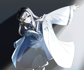 1girl arknights black_eyes black_hair black_hairband black_pantyhose black_skirt closed_mouth coat commentary_request cowboy_shot dressing grey_sweater hairband highres lab_coat long_hair long_sleeves miniskirt mukipero outstretched_arm pantyhose partial_commentary pleated_skirt priestess_(arknights) skirt solo standing sweater turtleneck turtleneck_sweater white_coat