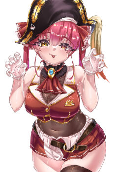 1girl black_hat breasts brown_leotard brown_thighhighs claw_pose cleavage closed_mouth commentary cropped_jacket gloves hair_ribbon hat heterochromia highres hololive houshou_marine houshou_marine_(1st_costume) jacket large_breasts leotard leotard_under_clothes long_hair looking_at_viewer pirate_hat red_eyes red_hair red_jacket red_ribbon red_skirt ribbon rorol_reime skirt sleeveless sleeveless_jacket smile solo symbol-only_commentary thighhighs tongue tongue_out twintails virtual_youtuber white_background white_gloves yellow_eyes