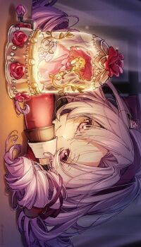 1girl absurdres amero_toa1 curtained_hair dark highres hyakumantenbara_salome hyakumantenbara_salome_(1st_costume) indoors leaning_on_table light_smile long_hair nijisanji purple_eyes purple_hair ringlets sideways sleeve_cuffs solo twitter_username upper_body virtual_youtuber