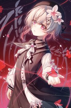 1girl aoko_(amamiya_aoko) beret black_choker black_hat bug butterfly chinese_commentary choker commentary_request cowboy_shot flower gradient_background gradient_hair hair_flower hair_ornament hat highres insect long_sleeves looking_at_viewer mahou_shoujo_no_majo_saiban multicolored_hair pink_eyes pink_hair red_background red_butterfly sakuraba_ema short_hair shorts skeletal_wings spoilers standing white_flower white_hair white_shorts wings witch_(manosaba) x_hair_ornament