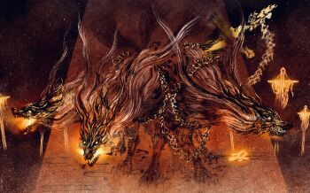 1other absurdres breath_weapon breathing_fire calligraphy_brush_(medium) cerberus chain cross deadpool_yuchan elden_ring elden_ring_nightreign fire gladius_(elden_ring) glowing glowing_eyes glowing_mouth grey_hair highres horns long_hair monster multiple_heads multiple_horns multiple_tails no_humans sharp_teeth sharp_toenails snout spotlight tail teeth toenails wolf wolf_tail yellow_eyes