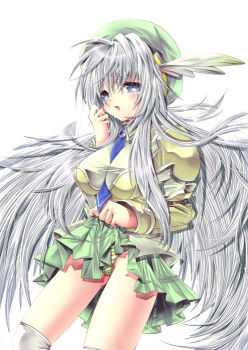 Rule 34 | 1girl, archer (eco), armor, artist request, beret, blue eyes, blue necktie, blush, breasts, cameltoe, clothes lift, embarrassed, emil chronicle online, green armor, green hat, green pants, green shirt, green skirt, hat, hat feather, large breasts, long hair, necktie, non-web source, open mouth, panties, pants, raised inner eyebrows, shirt, skirt, skirt lift, solo, source request, striped clothes, striped panties, tears, thighhighs, underwear, very long hair, white background, white hair, white thighhighs, white wings, wings
