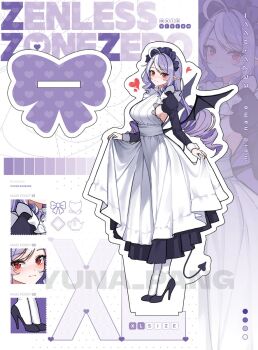 Rule 34 | 1girl, ahoge, alternate costume, artist name, blush, breasts, character name, closed mouth, comiket 107, commentary request, copyright name, demon wings, dotted background, dress, drill hair, drill sidelocks, english text, enmaided, fake wings, frilled dress, frills, hairband, heart, high heels, highres, large breasts, layered dress, long hair, looking at viewer, maid, pointy ears, purple hair, purple hairband, red eyes, sideboob, sidelocks, skirt hold, smile, solo, vivian banshee, white background, white dress, white wrist cuffs, wings, wrist cuffs, yuna (deadawon), zenless zone zero