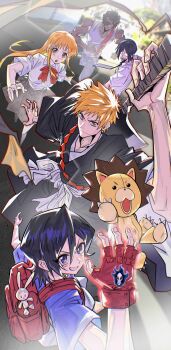 2girls 4boys absurdres black_hair black_kimono bleach brown_hair closed_mouth commentary cosknb dark-skinned_male dark_skin fingerless_gloves gloves grey_skirt grin hair_between_eyes highres inoue_orihime ishida_uryuu japanese_clothes karakura_high_school_uniform kimono kon_(bleach) kuchiki_rukia kurosaki_ichigo long_hair multiple_boys multiple_girls necktie open_mouth orange_eyes orange_hair pleated_skirt red_gloves sado_yasutora school_uniform shihakusho shirt short_hair skirt smile white_shirt
