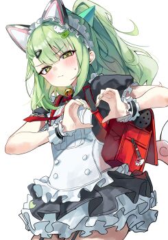 Rule 34 | 1girl, :/, absurdres, animal ear hairband, animal ears, bell, black dress, black garter straps, blush, cat ear hairband, cat ears, closed mouth, commentary, cowboy shot, dress, fake animal ears, frilled dress, frilled sleeves, frills, garter straps, ghost hair ornament, green eyes, green hair, green nails, hair ornament, hairband, heart, heart hands, highres, layered dress, looking at viewer, maid, maid headdress, multiple hair clips, neck bell, official alternate costume, ponytail, red bag, rosu 1109, simple background, sketch, solo, sunna (afternoon tea break) (zenless zone zero), sunna (zenless zone zero), sweatdrop, triangle hair ornament, white background, white wings, winged bag, wings, zenless zone zero