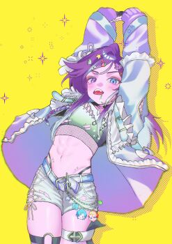 1boy abs absurdres androgynous arms_up axel_syrios banzoin_hakka banzoin_hakka_(5th_costume) belt bird_hair_ornament blue_eyes blue_hair braid chain character_charm charm_(object) commentary cowboy_shot crop_top cross-laced_clothes cross-laced_shorts cross-laced_top drop_shadow english_commentary face_piercing fang fishnet_top fishnets frilled_jacket frills gradient_clothes gradient_jacket hair_ornament hairclip hakkito_(banzoin_hakka) halftone_shadow heterochromia highres hip_piercing holostars holostars_english jacket lip_piercing long_hair male_focus midriff multicolored_hair navel nesaki o-ring o-ring_thigh_strap official_alternate_costume open_mouth piercing purple_eyes purple_hair regis_altare shirt short_shorts shorts sleeves_past_wrists solo star_(symbol) star_hair_ornament thigh_strap torn_clothes torn_shirt torn_shorts trap virtual_youtuber wallet_chain white_shorts wing_hair_ornament yellow_background