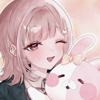 Rule 34 | 1girl, :o, ;d, black shirt, blunt bangs, blush, blush stickers, bow, brown hair, churu (chu1e0), collared shirt, commentary request, danganronpa (series), danganronpa 2: goodbye despair, ear bow, flipped hair, hair ornament, highres, medium hair, monomi (danganronpa), nanami chiaki, neck ribbon, one eye closed, open mouth, portrait, red eyes, ribbon, shirt, smile, two-tone shirt, white shirt