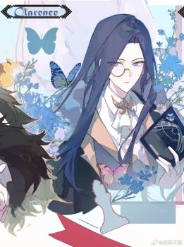 Rule 34 | 1boy, :|, ascot, bishop (chess), black cape, blue background, blue butterfly, blue eyes, blue flower, blue hair, book, bug, butterfly, cape, character name, chess piece, chinese commentary, clarence clayden, clarence clayden (godheim), closed mouth, collared shirt, commentary request, contrast lapels, cornflower, cropped torso, curtained hair, curtains, expressionless, flower, fur-trimmed cape, fur trim, gloves, grey vest, highres, holding, holding book, insect, lapels, long hair, long sleeves, looking at viewer, lovebrush chronicles, male focus, mole, mole under eye, monocle, orange butterfly, parted bangs, red ribbon, ribbon, shirt, solo, vest, watermark, weibo watermark, white ascot, white gloves, white shirt, yan ge