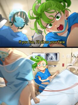 1boy 2girls absurdres alternate_costume alternate_hairstyle bandaid bed blush bottle breasts coat defibrillator doctor english_text fubuki_(one-punch_man) green_eyes green_hair highres hospital hospital_bed if_we_win_i&#039;ll_sit_on_your_face_(meme) khyle. mask meme mouth_mask multiple_girls nurse one-punch_man self-insert small_breasts stretcher surgeon surprised sweat tatsumaki x-ray_film