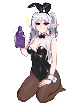 1girl animal_ears bare_shoulders black_bow black_bowtie black_hairband black_leotard black_pantyhose blush blushyspicy bow bowtie breasts cleavage closed_mouth clothes-dissolving_potion commentary detached_collar earrings elf english_commentary fake_animal_ears floating_earrings frieren green_eyes grey_hair hairband highres holding holding_potion jewelry leotard long_hair looking_at_viewer medium_breasts pantyhose parted_bangs playboy_bunny pointy_ears potion rabbit_ears seiza simple_background sitting smile solo sousou_no_frieren sparkle strapless strapless_leotard teardrop_earrings twintails white_background white_hair white_wrist_cuffs wrist_cuffs