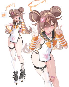 Rule 34 | 1girl, :p, absurdres, arm warmers, artist name, asymmetrical legwear, backpack, bag, bandaid, bandaid hair ornament, bandaid on knee, bandaid on leg, belt, belt collar, black panties, black sailor collar, blonde hair, blush, bow, bowtie, brown hair, cellphone, cheese, collar, colored inner hair, commentary, crossed bandaids, double bun, double w, dress, eyes visible through hair, feet out of frame, fishnet socks, fishnets, flat chest, flip phone, flipped hair, food, full body, gudanco (nyanmeowzer), hair bun, hair intakes, hair ornament, hair over one eye, halo, hand on own hip, hands up, highres, holding, holding phone, inline skates, leaning forward, legwear garter, long hair, looking at viewer, melting halo, meme, mismatched legwear, mole, mole under eye, multicolored hair, multicolored nails, nail polish, o-ring, o-ring bottom, o-ring panties, orange bow, orange bowtie, original, panties, phone, pink belt, pink nails, red eyes, roller skates, sailor collar, sailor dress, short dress, simple background, single sock, single thighhigh, skates, sleeveless, sleeveless dress, smug, socks, standing, streaked hair, string panties, striped arm warmers, thighhighs, tongue, tongue out, torn clothes, torn thighhighs, two-tone hair, underwear, uneven legwear, uohhhhhhhhh! (meme), very long fingernails, very long hair, w, white background, white dress, white thighhighs, yellow nails