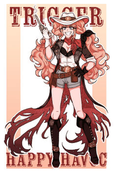 absurdres alternate_costume asymmetrical_gloves bandana bandana_around_neck belt black_bra black_gloves black_ribbon blonde_hair blue_eyes boots border bra breasts brown_belt brown_boots brown_coat cleavage coat commentary copyright_name cowboy_hat cowgirl_(western) danganronpa:_trigger_happy_havoc danganronpa_(series) english_commentary enoshima_junko eyelashes full_body gloves grey_shorts grin gun hair_ribbon hand_on_own_hip hat highres holding holding_gun holding_weapon long_hair mismatched_gloves monokuma multiple_belts open_clothes open_coat outline princescar red_bandana ribbon shirt shorts smile smoke smoking_barrel standing teeth torn_clothes torn_coat twintails underwear weapon white_border white_gloves white_hat white_outline white_ribbon white_shirt