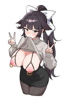 1girl azur_lane black_hair black_pantyhose black_skirt blunt_bangs bra breasts clothes_lift clothes_pull cocktiel77 commentary_request cowboy_shot cupless_bra double_v hair_ears high-waist_skirt high_ponytail korean_commentary large_breasts long_hair miniskirt nipple_piercing nipples pantyhose pencil_skirt piercing ponytail ribbed_sweater simple_background skirt solo sweatdrop sweater sweater_lift sweater_pull takao_(azur_lane) takao_(inner_cultivation)_(azur_lane) turtleneck turtleneck_sweater underwear v very_long_hair white_background white_sweater yellow_eyes