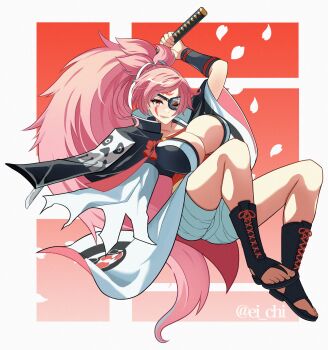 1girl arc_system_works baiken breasts cleavage eyepatch guilty_gear holding holding_sword holding_weapon large_breasts long_hair pink_hair ponytail solo sword weapon