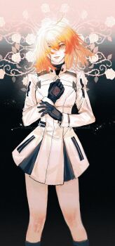 1girl clothing_cutout command_spell f3000_kiara fate/grand_order fate_(series) floral_background fujimaru_ritsuka_(female) fujimaru_ritsuka_(female)_(decisive_battle_chaldea_uniform) glove_cutout hair_between_eyes hair_over_one_eye hand_up high_collar highres long_sleeves medium_hair orange_eyes orange_hair parted_lips rose_background smile solo