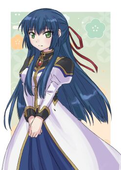 Rule 34 | 1girl, angel wing uniform, blue dress, blue hair, blue ribbon, cowboy shot, dress, galaxy angel, green eyes, hair ribbon, highres, karasuma chitose, kitaru, long hair, monocle, monocle chain, ribbon, snowflakes, solo