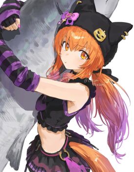 1girl animal animal_ears black_hat black_shirt black_skirt blush cocontoozai fish hair_between_eyes hat highres holding holding_animal holding_fish horse_girl horse_tail long_hair looking_at_viewer low_ponytail mayano_top_gun_(rockin&#039;_mewmeow)_(umamusume) mayano_top_gun_(umamusume) orange_eyes orange_hair ponytail pout purple_arm_warmers purple_nails shirt skirt sleeveless sleeveless_shirt solo striped_arm_warmers tail umamusume