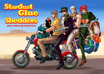 artist_name bag beard black_hair boots burger chain cigarette collared_shirt dog drinking drinking_straw earrings facial_hair food fruit gakuran gloves grey_hair hand_in_pocket hat hermit_purple hierophant_green iggy_(jojo) jean_pierre_polnareff jewelry jogo_joestar jojo_no_kimyou_na_bouken joseph_joestar joseph_joestar_(old) kakyoin_noriaki kuujou_joutarou motor_vehicle motorcycle open_mouth orange_(fruit) pink_hair pointing pouch pringles road school_uniform shadow shirt stand_(jojo) tentacles vehicle white_gloves
