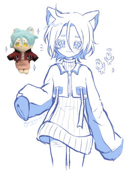 Rule 34 | 1boy, :3, absurdres, animal ears, blue theme, blush, cat boy, cat ears, closed mouth, commentary, cowboy shot, cropped jacket, crossdressing, crossdressing (mtf), dress, ensemble stars!, floating clothes, hair between eyes, highres, kemonomimi mode, long hair between eyes, male focus, minnieeeworld, monochrome, notice lines, photo inset, reference inset, ribbed dress, ribbed sweater, scar, scar on thighs, self-harm scar, short eyebrows, short hair, signature, sleeves past fingers, sleeves past wrists, solo, sparkle, sweater, sweater vest, tojo kaname, turtleneck, turtleneck sweater, untranslatable commentary