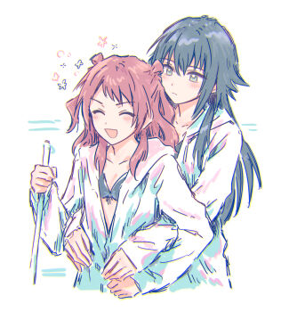 Rule 34 | 2girls, ^ ^, behind another, bikini, black bikini, black hair, blush, breasts, brown hair, cleavage, closed eyes, closed mouth, collarbone, commentary, cropped torso, flower symbol, front-tie bikini top, front-tie top, gakuen idolmaster, green eyes, hanami saki, highres, holding, hug, hug from behind, idolmaster, jacket, kimi to semi blue (idolmaster), long hair, long sleeves, medium breasts, medium hair, multiple girls, open mouth, partially unzipped, revision, sleeves past wrists, smile, swimsuit, tsukimura temari, two side up, v-shaped eyebrows, white background, white jacket, yukitake (bullfalk), yuri