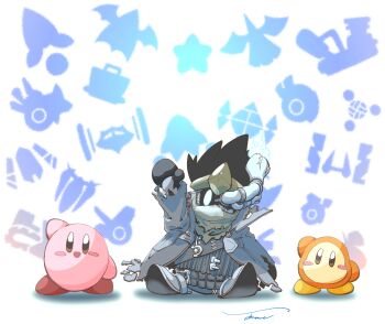 Rule 34 | black hair, black jacket, blue eyes, blue fire, blush stickers, colored skin, commentary request, exhaust pipe, fire, full body, highres, jacket, kirby, kirby (series), kirby air ride, kirby air riders, looking at viewer, nintendo, noir dedede, orange skin, partial commentary, pink skin, shihy1oq0aqltwv, signature, torn clothes, torn jacket, waddle dee