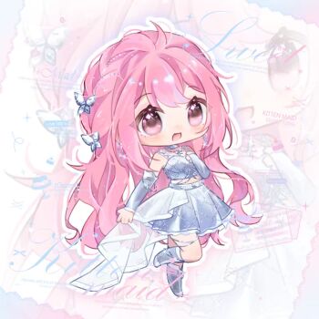 1girl bare_shoulders belt bloom_up_(nikki) boots braid bridal_gauntlets butterfly_hair_ornament butterfly_net chain chibi chinese_commentary choker commentary_request commission eyelashes frilled_skirt frills grey_belt grey_boots grey_bridal_gauntlets grey_choker grey_skirt hair_ornament hand_net hand_on_own_chest happy idol infinity_nikki knee_boots lanlan_zhi_jiabing leg_up light_blush light_particles long_hair looking_at_viewer midriff miniskirt nikki_(nikki) nikki_(series) open_mouth outline pink_eyes pink_hair pleated_skirt sample_watermark side_braid single_braid skirt skirt_set smile solo sparkling_eyes standing studded_belt tailcoat tank_top tareme thigh_strap too_many_watermarks very_long_hair watermark wavy_hair white_background white_outline white_tank_top zoom_layer