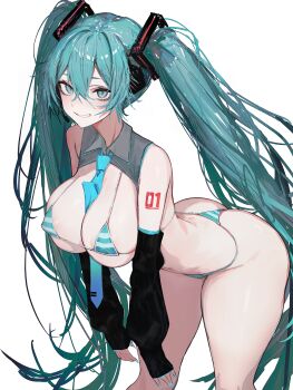 1girl absurdres alternate_breast_size aqua_eyes aqua_hair aqua_nails areola_slip arm_tattoo ass bent_over between_breasts bikini blue_bikini blue_necktie blush breasts commentary detached_sleeves double-parted_bangs feet_out_of_frame grey_shirt grin hair_between_eyes hatsune_miku headset heart heart-shaped_pupils highres large_breasts long_hair looking_at_viewer micro_bikini microphone miku_collar_bikini multicolored_bikini nail_polish necktie necktie_between_breasts number_tattoo revision shirt simple_background sleeves_past_wrists smile solo standing string_bikini striped_bikini striped_clothes swimsuit symbol-shaped_pupils tattoo tie_clip twintails two-tone_bikini very_long_hair vocaloid vxdrq white_background white_bikini wing_collar