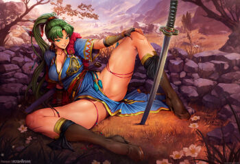 1girl breasts cleavage ecchistar fire_emblem fire_emblem:_the_blazing_blade green_eyes green_hair highres katana large_breasts looking_at_viewer lyn_(brave_lady)_(fire_emblem) lyn_(fire_emblem) lyndis_(fire_emblem) nintendo outdoors ponytail spread_legs sword thick_thighs thighs weapon
