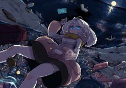 1girl animated blue_eyes book city coat floating looping_animation midair night original pixel_art shibairo tagme video white_hair