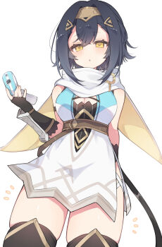 1girl :o amber_(stella_sora) armlet black_gloves black_hair black_leotard black_thighhighs blush breasts cellphone cleavage commentary_request cowboy_shot crossed_bangs dress fingerless_gloves flip_phone gloves hair_between_eyes hair_ornament highres holding holding_phone jewelry large_breasts leotard leotard_under_clothes looking_at_viewer phone scarf simple_background skindentation sleeveless sleeveless_dress solo standing stella_sora tareme thigh_gap thighhighs thighs tiara tonikaku_kaku white_background white_dress white_scarf yellow_eyes