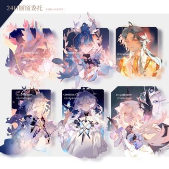 absurdres ahoge alternate_costume animal_ears blonde_hair blue_eyes blue_hair bow bug butterfly butterfly_ornament character_name collared_shirt dress english_text gloves hair_between_eyes hair_ornament halo highres insect jewelry liulianjingrua long_hair long_sleeves multiple_boys multiple_girls original pink_hair purple_eyes purple_hair shirt short_hair veil white_hair wings