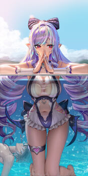 1boy 1girl against_fourth_wall averting_eyes breast_press breasts clothing_cutout covering_own_mouth day drill_hair grey_hair heart_cutout highres large_breasts liang_xing long_hair navel official_alternate_costume one-piece_swimsuit partially_underwater_shot pink_hair pointy_ears red_eyes sidelocks stomach_cutout swimsuit twin_drills vivian_banshee vivian_banshee_(iris_of_the_shore) water white_one-piece_swimsuit wise_(zenless_zone_zero) zenless_zone_zero
