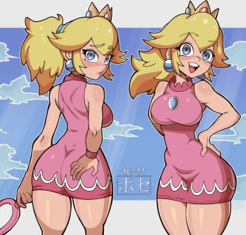 1girl absurdres alternate_costume armband ass bare_shoulders blonde_hair blue_eyes blue_gem breasts cloud cloudy_sky crown dress earrings front_and_back gem gold_crown hair_between_eyes hairband hand_on_own_ass hand_on_own_hip happy highres jewelry lips mario_(series) mg991998 narrow_waist nintendo pink_dress pointed_crown ponytail princess_peach racket simple_background sky smile sphere_earrings tennis_racket thick_thighs thighs tight_clothes translation_request wide_hips