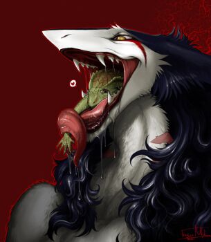 dragon fangs furry heart imminent_penetration imminent_vaginal long_tongue multicolored_hair open_mouth outline rain_silves red_background red_outline saliva scar sergal simple_background size_difference source_request speech_bubble spoken_heart tongue tongue_out trancy_mick vore white_fur yellow_eyes