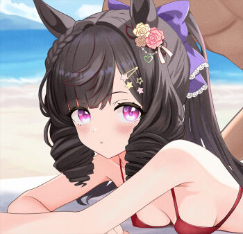 1boy 1girl alternate_costume animal_ears beach bikini black_hair bow braid breasts cleavage commentary_request daiichi_ruby_(umamusume) deadpan drill_hair fuyumisakura hair_bow hair_ornament hairclip horse_ears horse_girl jitome long_hair looking_at_viewer lying ocean on_stomach purple_eyes red_bikini shore small_breasts solo star_(symbol) star_hair_ornament swimsuit too_many_hair_ornaments umamusume upper_body