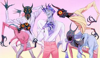 5boys abby_(kpop_demon_hunters) ami_thompson baby_(kpop_demon_hunters) black_sclera blue_hoodie blue_sky body_markings cardigan claws collared_shirt colored_sclera concept_art demon_boy demon_horns extra_eyes facial_mark fangs grey_jacket grey_pants highres hood hood_down hoodie horns jacket jinu_(kpop_demon_hunters) kpop_demon_hunters male_focus multiple_boys mystery_(kpop_demon_hunters) one_eye_closed open_clothes open_shirt orange_eyes pants parted_bangs pink_hair pink_pants pink_shirt pink_sweater print_shirt prototype_design purple_hair romance_(kpop_demon_hunters) shirt short_hair sky smile suit_jacket sweater tongue tongue_out turtleneck turtleneck_sweater white_pants white_shirt yellow_cardigan
